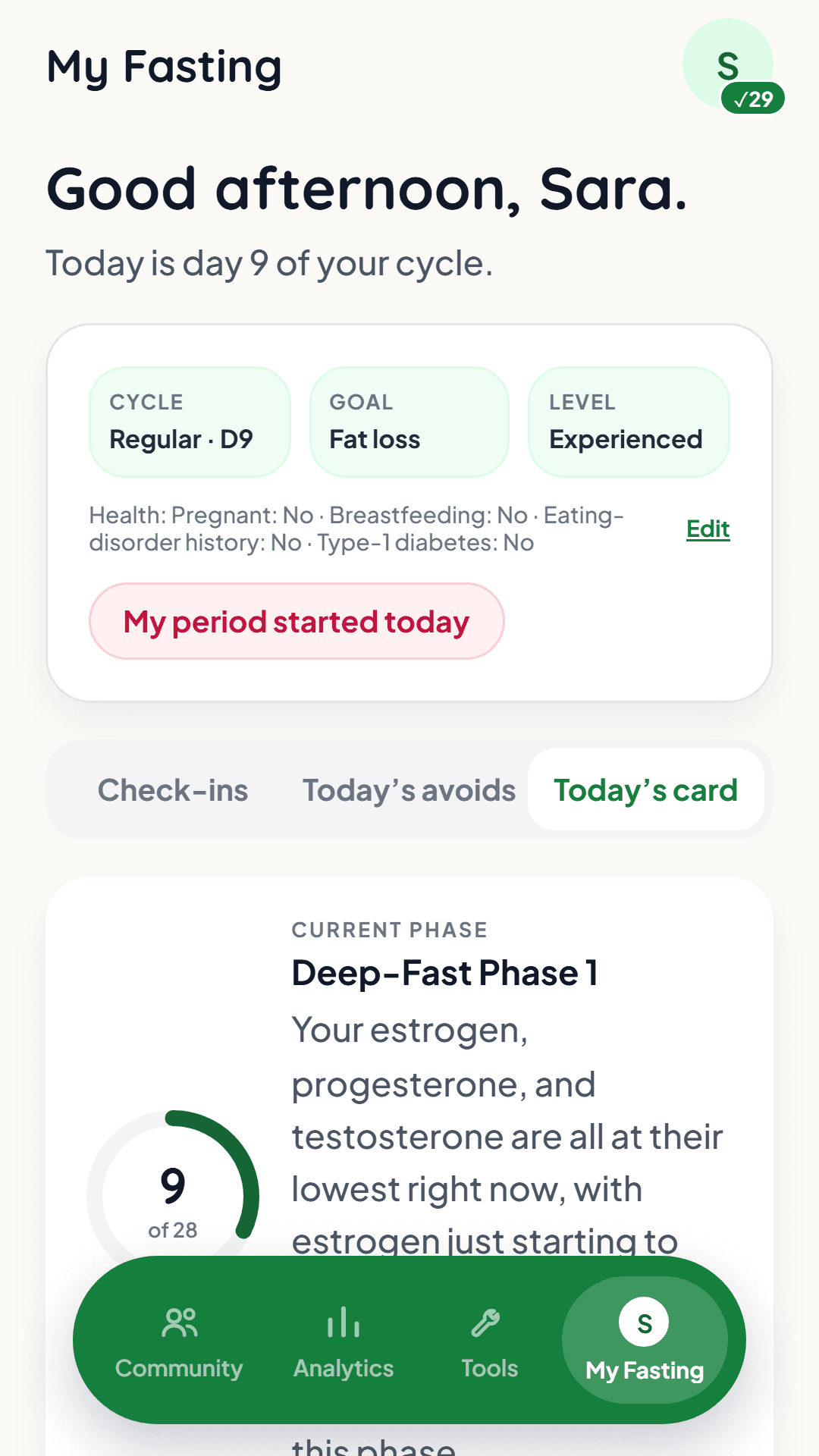 FastSyncer daily card: today's fasting hours, what to eat and what to avoid, based on your cycle day